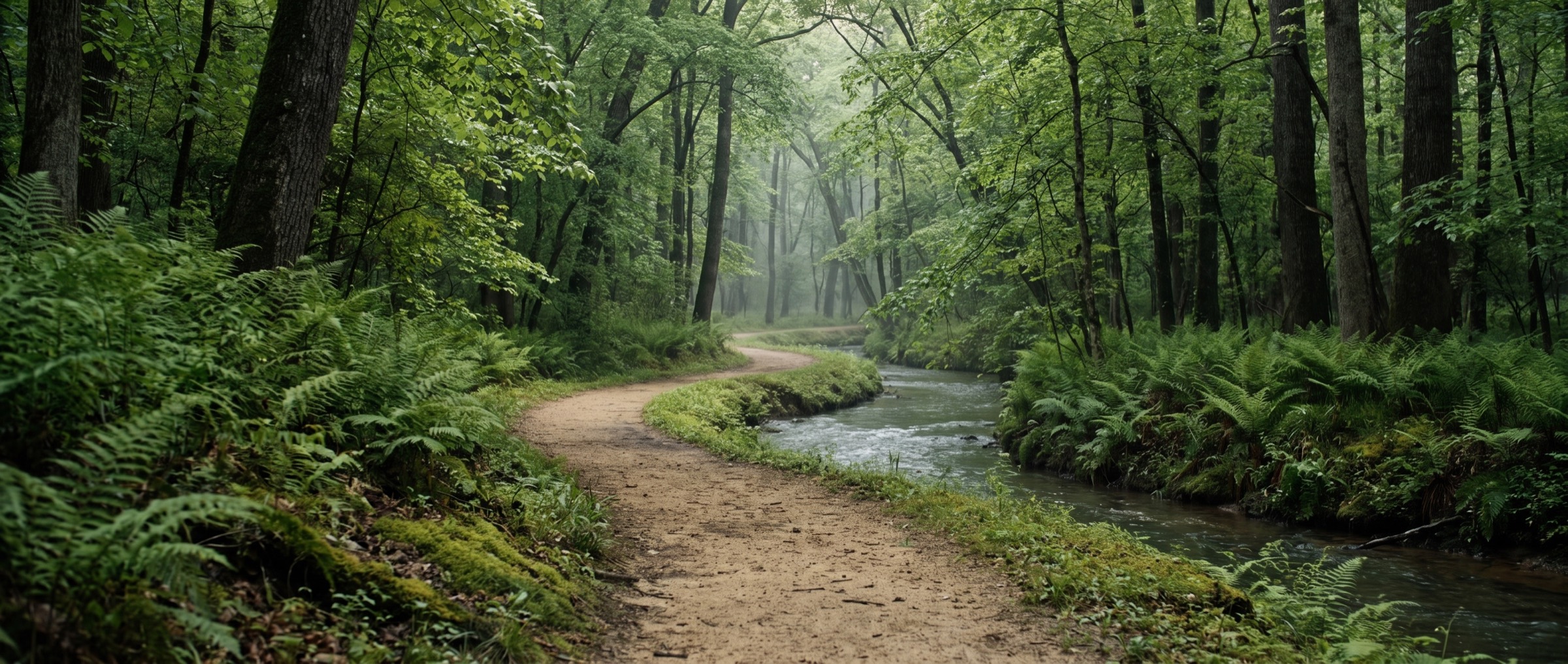 A path through lush Delaware spring woods beside the creek
